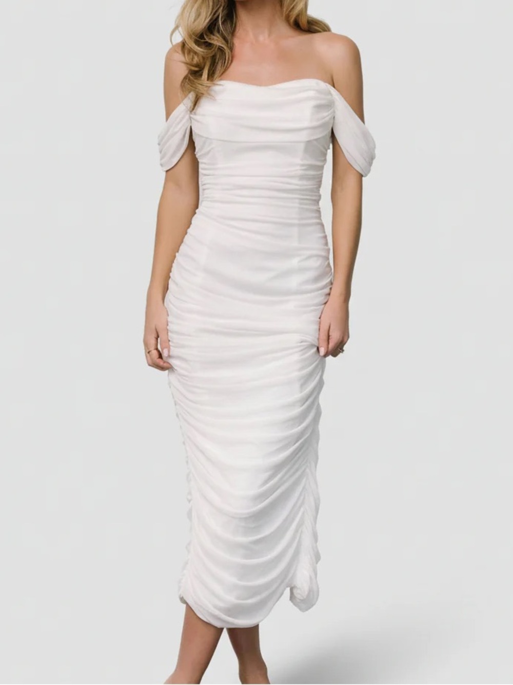 White Ruched Sleeveless Midi Dress